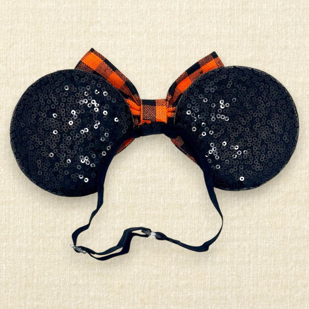 Elastic Orange & Black Plaid Minnie Ears | Disney-Inspired Fall Mouse Ears - Picture 3 of 3